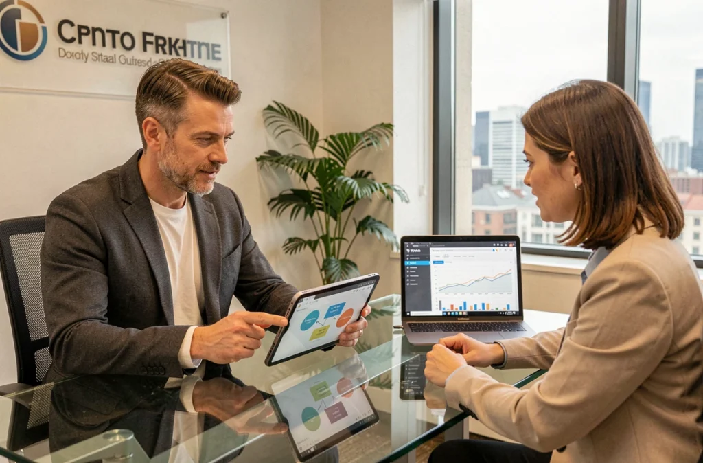 Consultant en stratégie digitale présentant une feuille de route WordPress à une PME