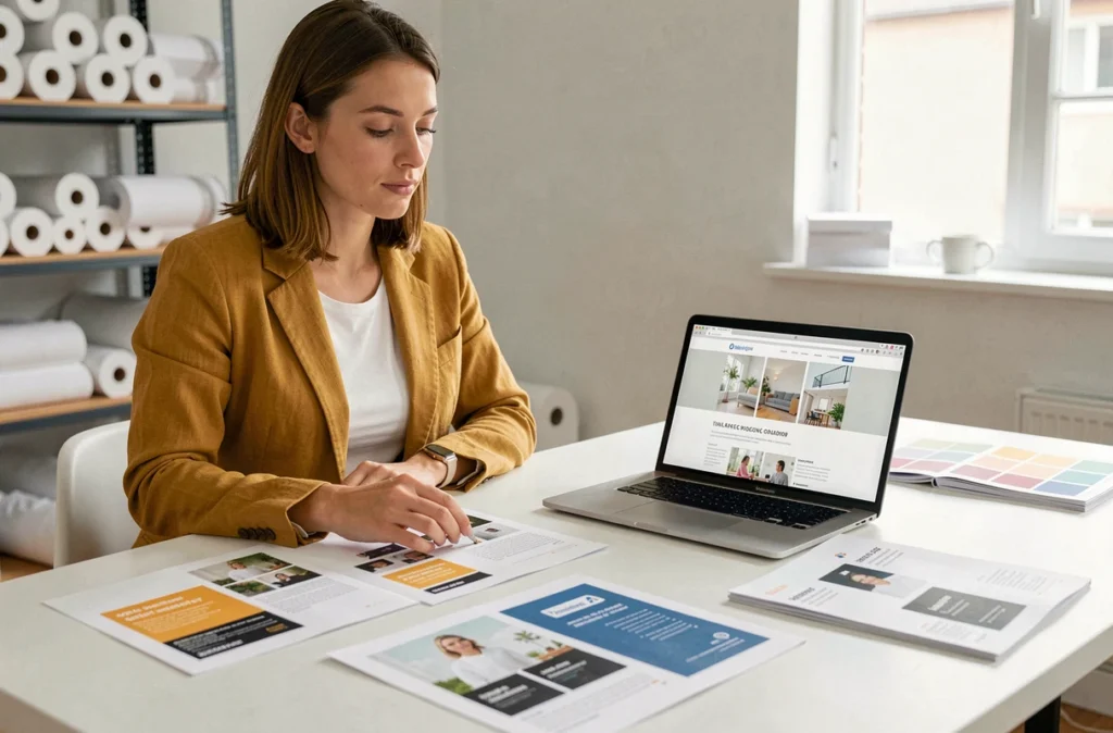 Directrice créative de l'agence E-Dilik examinant des maquettes print et web à Vannes
