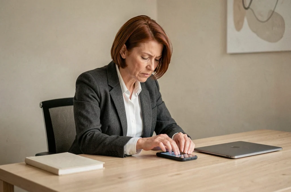 Femme effaçant des données sur un téléphone chiffré PGP dans un bureau minimaliste discret