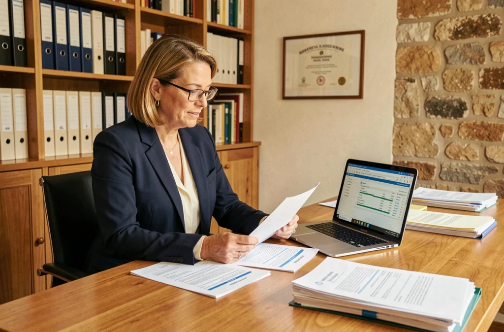 Responsable de Fidutek examinant des documents de conformité IT et financière dans un bureau professionnel structuré