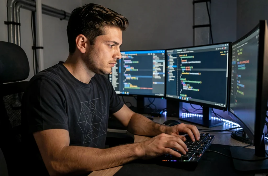 Développeur masculin concentré codant en JavaScript dans l'environnement technique de Flashkode