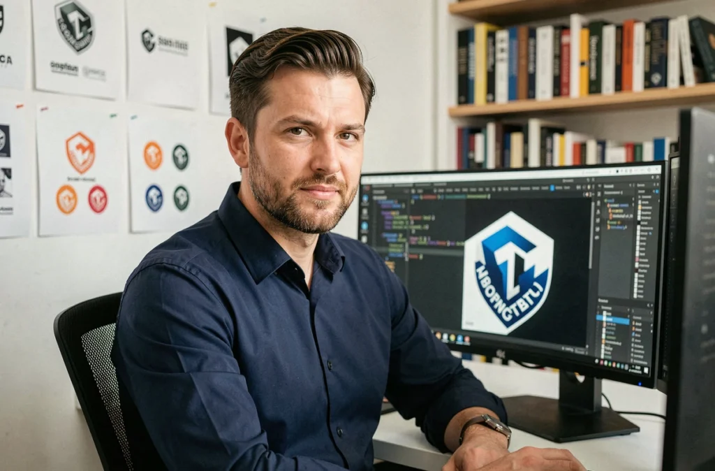 Designer graphique masculin travaillant sur une identité visuelle et du code CSS dans le studio créatif de GM Creative