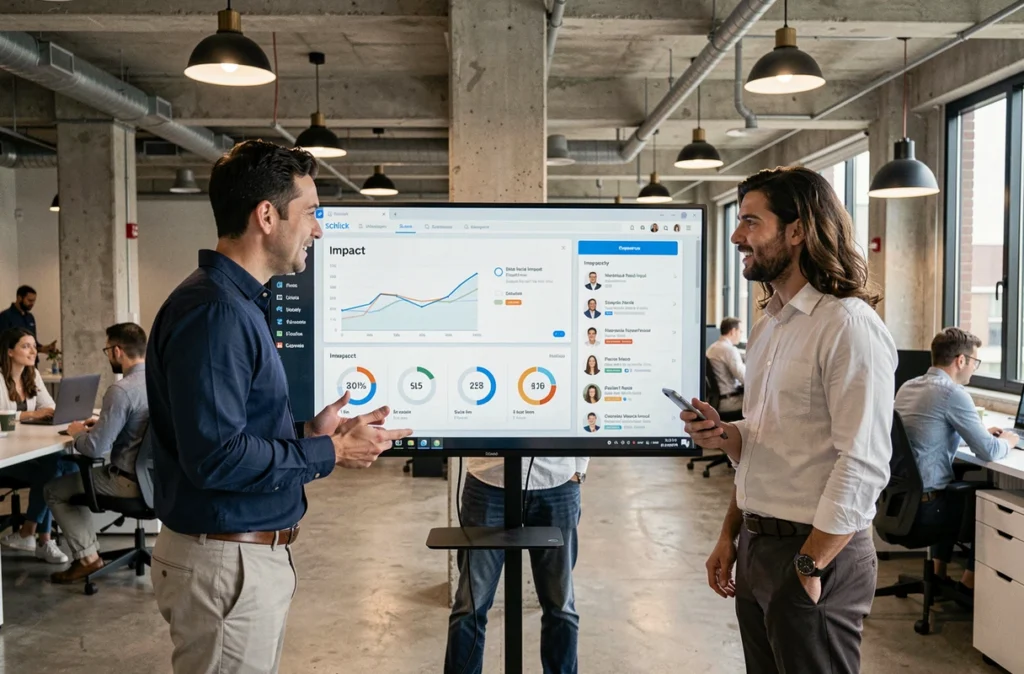 Équipe de trois professionnels discutant de métriques d'impact et d'une plateforme web sociale dans les locaux d'Impaakt