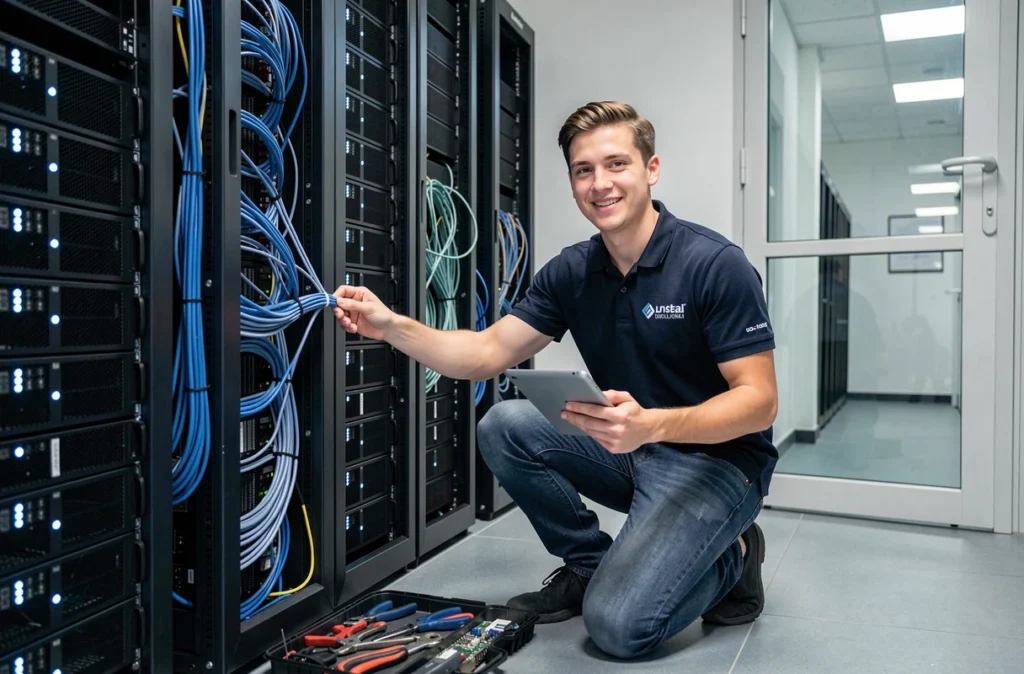 Technicien d'Izitek connectant des câbles réseau dans une salle serveur propre et moderne