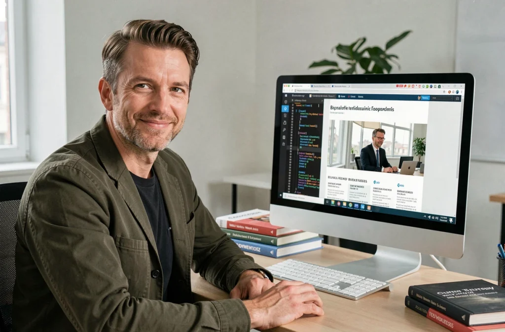 Développeur web masculin expérimenté travaillant sur un thème WordPress personnalisé dans son espace de travail minimaliste, représentant Kamel Sahnine