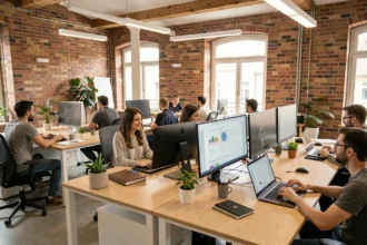 Bureau d'une agence de développement web moderne dans la Marne avec des professionnels travaillant sur des écrans affichant du code et des maquettes web