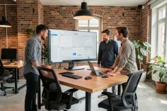 Équipe de webdesigners travaillant dans un studio moderne du Grand Est, entourés d'écrans affichant des maquettes de sites web