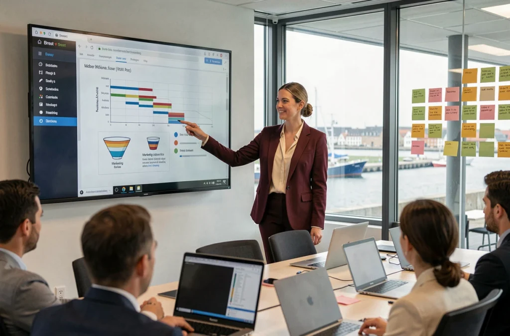 Stratège en marketing digital de l'agence NEWP présentant un projet web à Brest