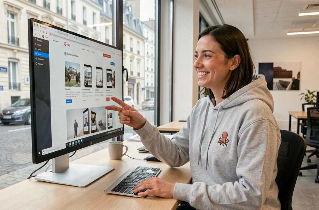 Développeuse web souriante travaillant sur un site responsive dans l'espace de travail moderne d'Octopus Web