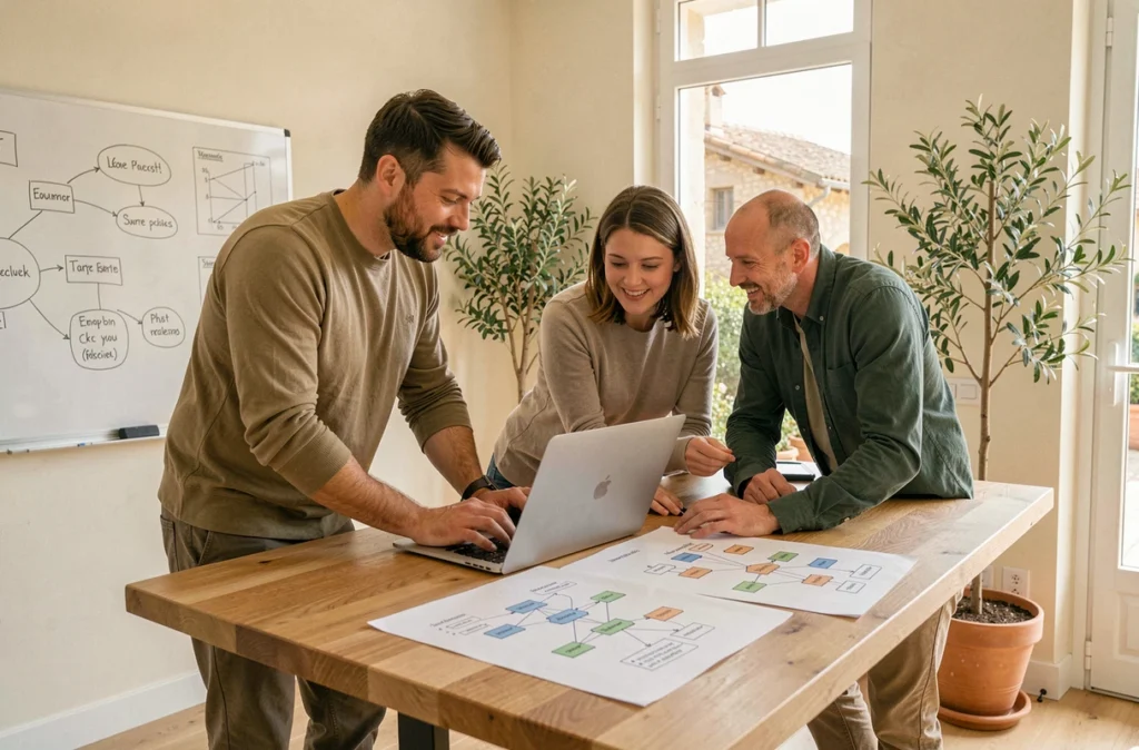 Deux ingénieurs d'O-Pentech collaborant sur des schémas réseau dans un bureau moderne avec vue sur une cour provençale