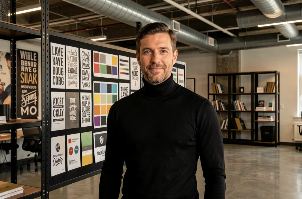 Directeur créatif de l'agence Oscar Black devant un moodboard typographique dans un studio au design sombre et élégant