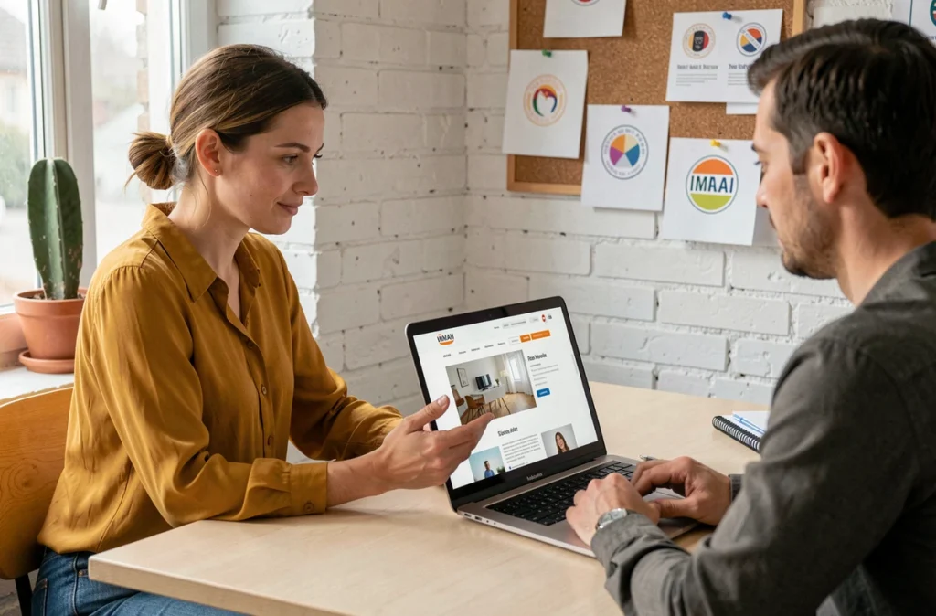 Designer présentant un site vitrine WordPress à une TPE dans un studio créatif de l'Essonne