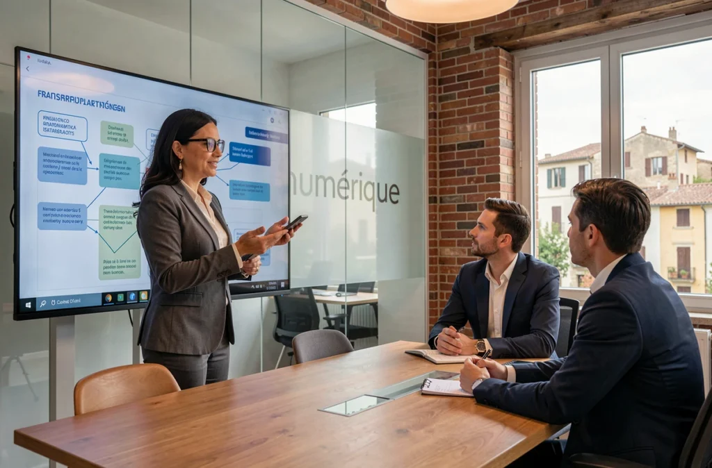 Consultante de Place du Numérique présentant une stratégie de transformation digitale à des clients dans un espace de coworking