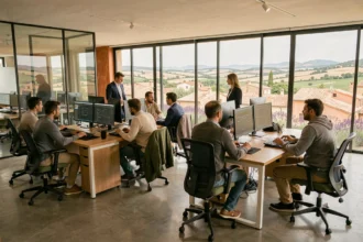 Équipe de prestataires informatiques travaillant dans un bureau moderne avec vue sur la campagne du Vaucluse