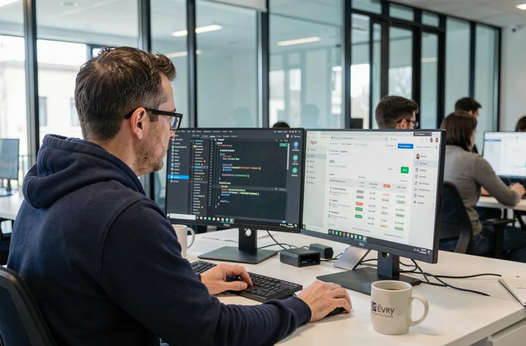 Développeur WordPress travaillant sur du code et une analyse SEO dans un coworking d'Évry