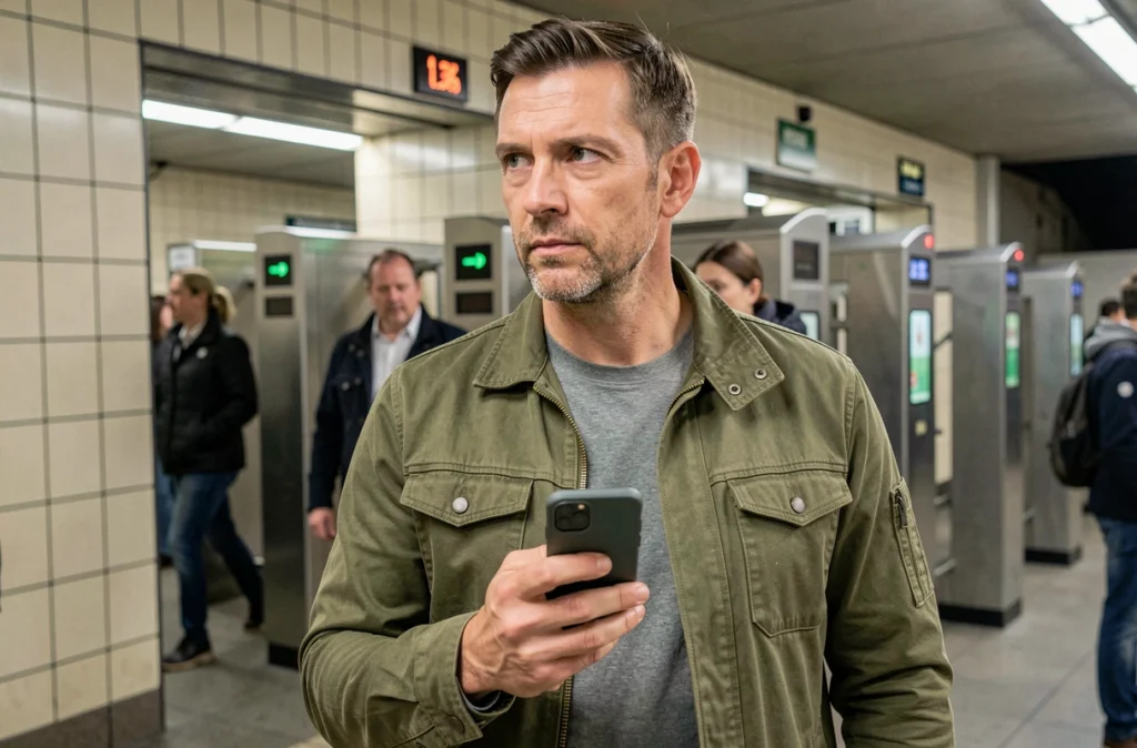 Homme protégeant son téléphone PGP chiffré dans une station de métro lors d'un contrôle potentiel