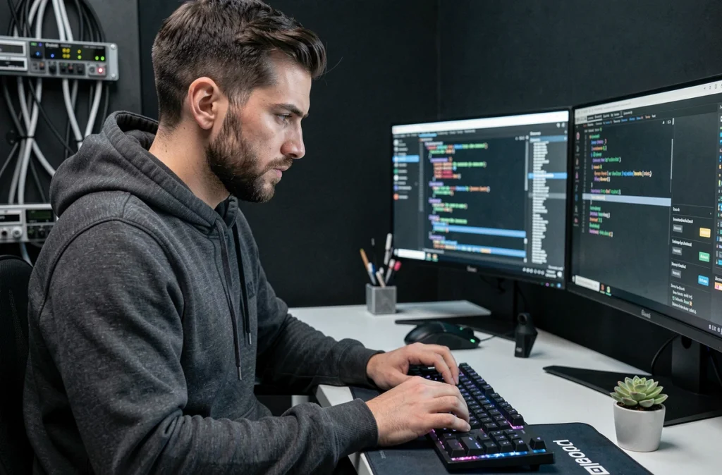 Développeur de Technitude concentré sur l'écriture de code dans un bureau informatique moderne aux teintes sombres