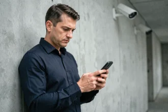 Homme consultant son téléphone sécurisé PGP dans un couloir urbain sous des caméras de surveillance