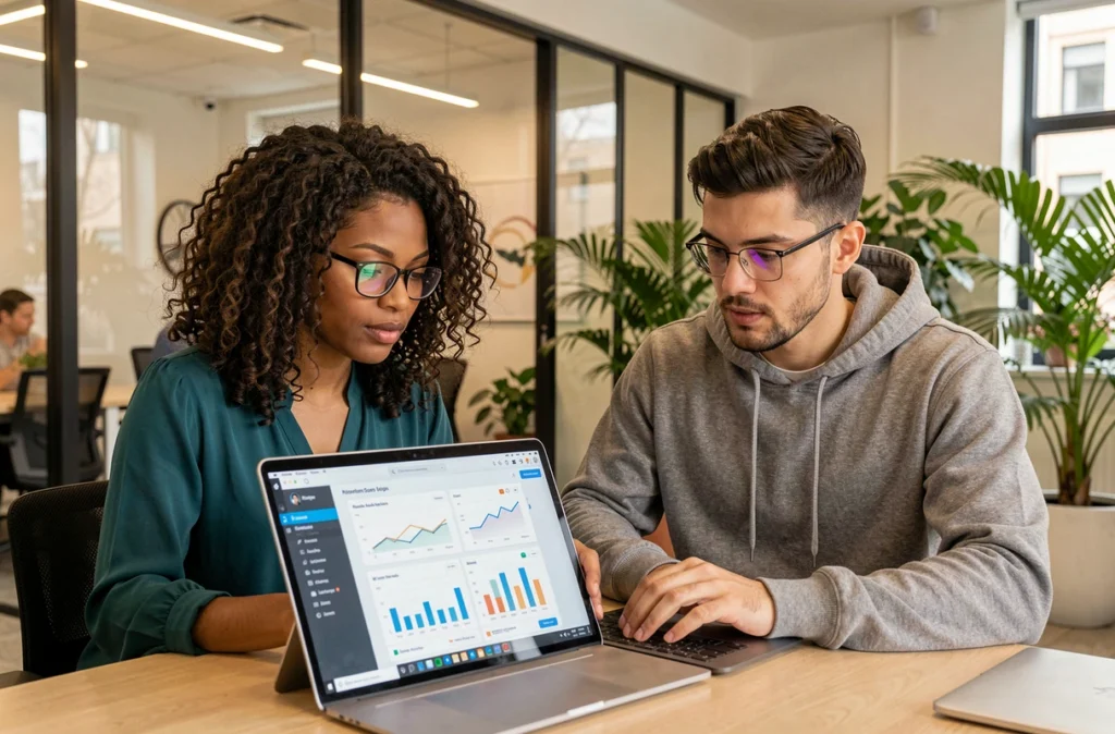 Équipe de TeloPak Agence Digitale analysant des données de marketing digital sur tablette et ordinateur portable dans un espace de coworking moderne