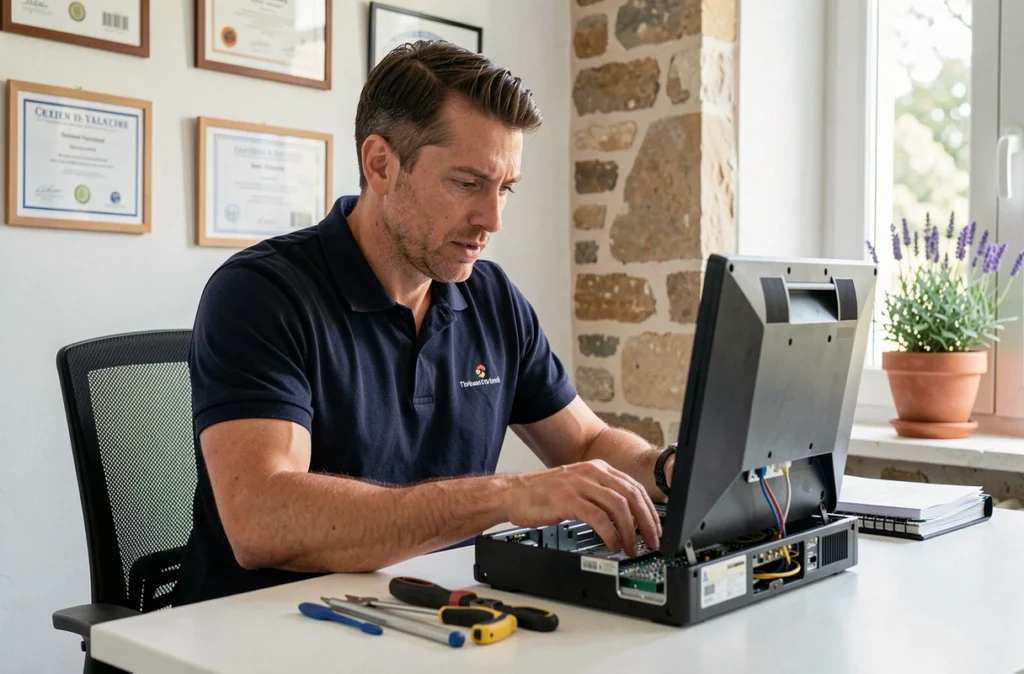Technicien informatique de Vaucluse Informatique réparant un ordinateur de bureau dans un bureau professionnel