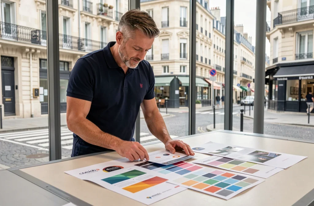 Designer de Viaevista examinant des supports d'identité de marque imprimés sur une table lumineuse dans un studio avec vue sur une rue française