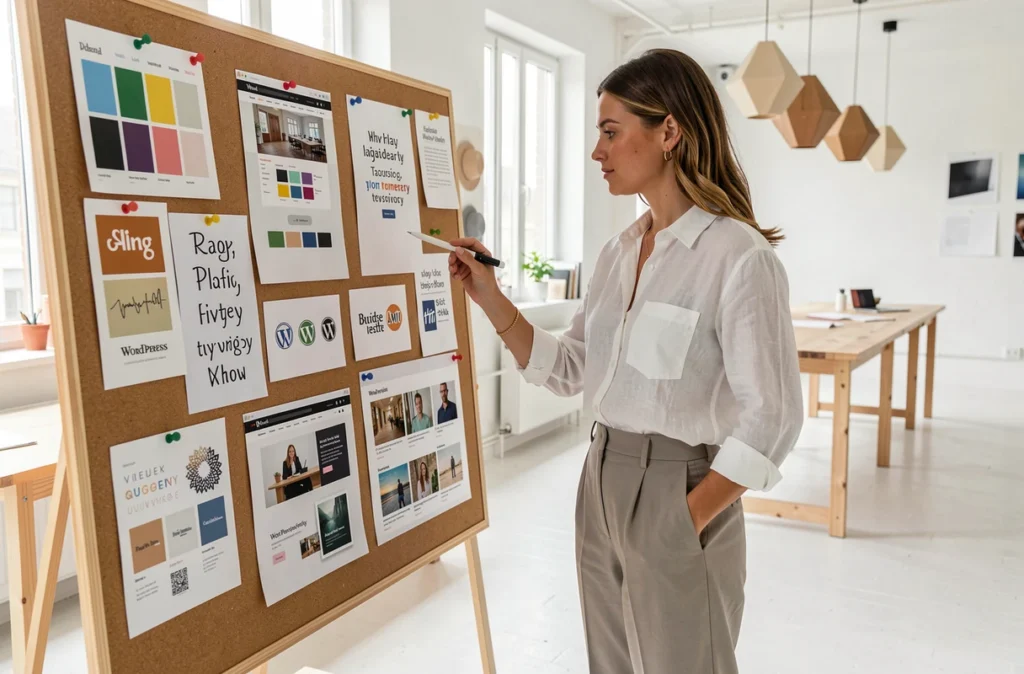 Designer présentant une identité visuelle et un design WordPress devant un moodboard créatif