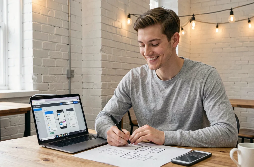 Designer UX de l'agence Wilkom esquissant des wireframes sur papier à côté d'un ordinateur portable affichant une interface mobile dans un espace de travail lumineux