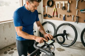 Cycliste masculin consultant un GPS Garmin Edge monté sur son vélo de gravel dans un atelier de cyclisme, affichant un fichier GPX de parcours