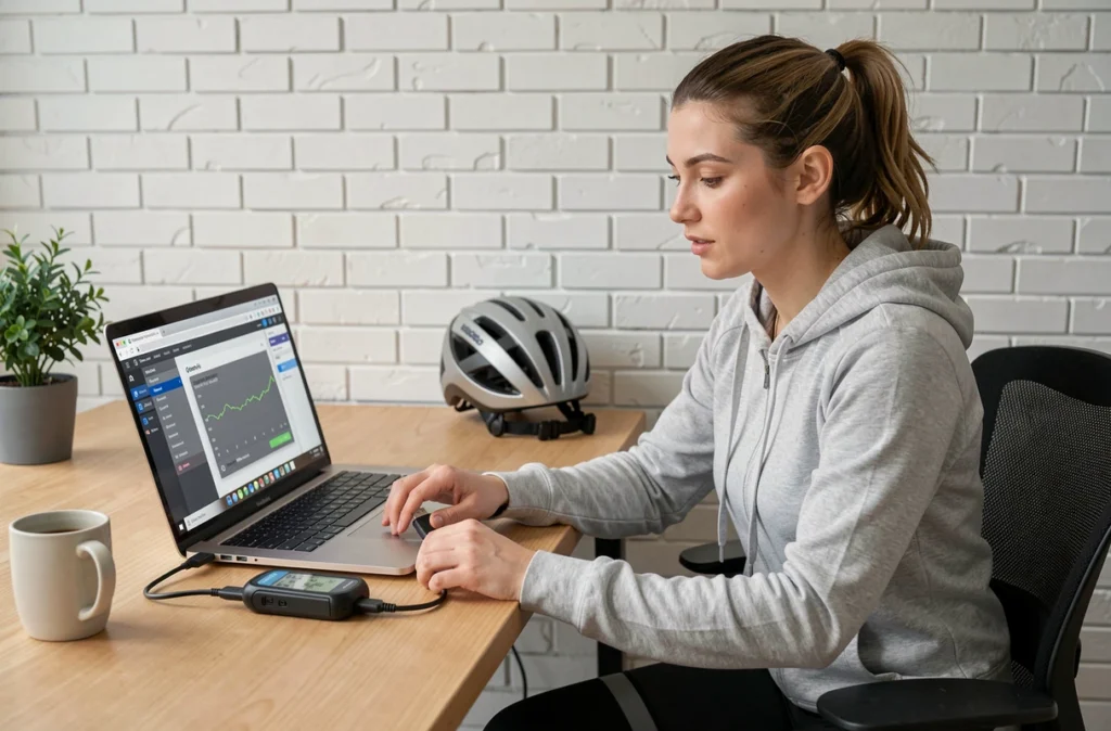 Femme connectant un GPS Wahoo ELEMNT à un ordinateur portable pour transférer un fichier GPX de parcours cycliste
